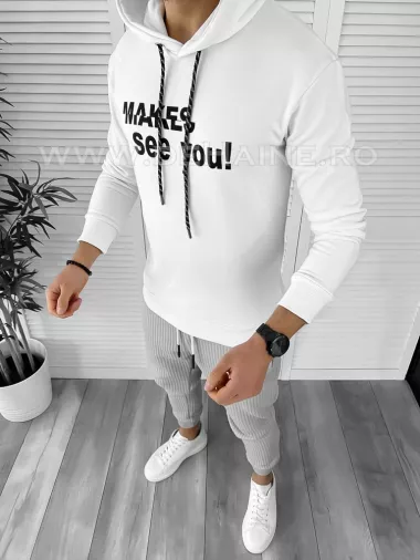 Hanorac barbati alb slim fit cu imprimeu pe spate K054 i15-2